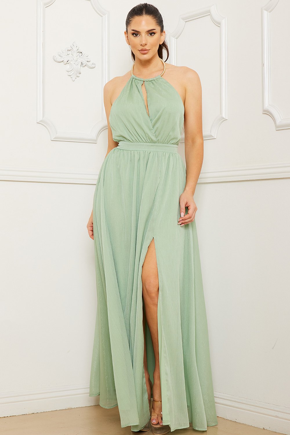 Symphony Dress - Halter Surplice With Chain Necklace Maxi Dress | Zezebe SAGE / M Symphony Dress - Halter Surplice With Chain Necklace Maxi Dress | Zezebe SAGE / M