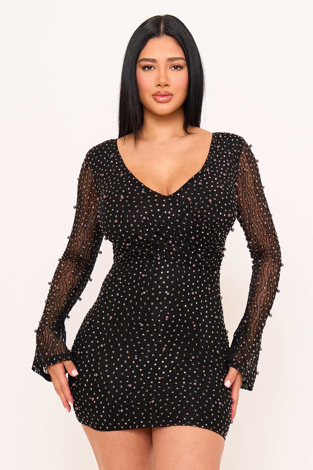 black pearl mesh dress Symphony Dress - Pearl Detailed Wavy Mesh Mini Dress