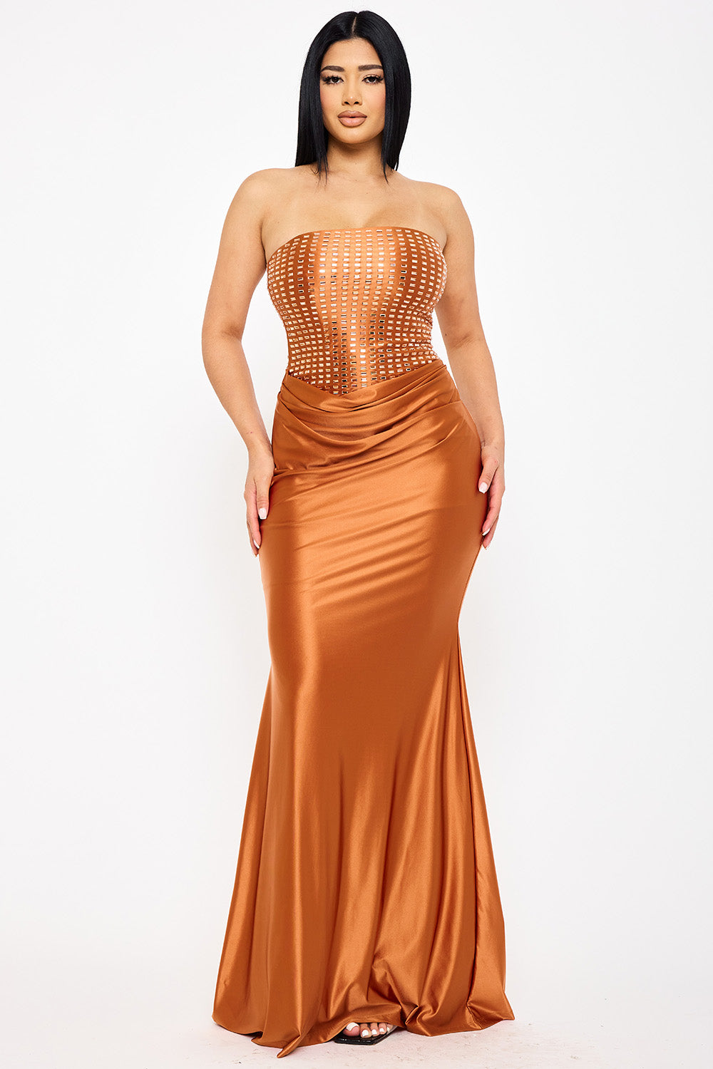 Symphony Dress - Rectangle Rhinestone Satin Mermaid Maxi Dress