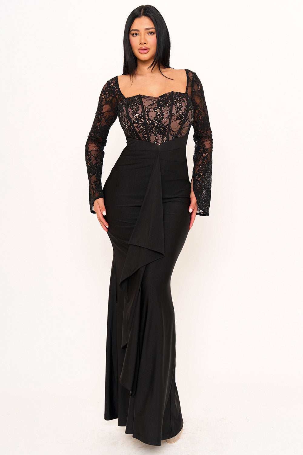 Symphony Dress - Satin and Lace Fabric Contrast Maxi Dress | Zezebe Black / S