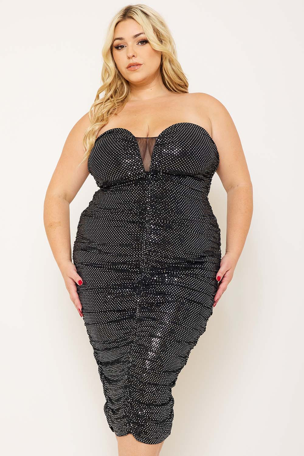 Symphony Dress - Sequin Sweetheart Neck Plus Size Night Out Midi Dress | Zezebe BLACK/SILVER / 2X Symphony Dress - Sequin Sweetheart Neck Plus Size Night Out Midi Dress | Zezebe BLACK/SILVER / 2X