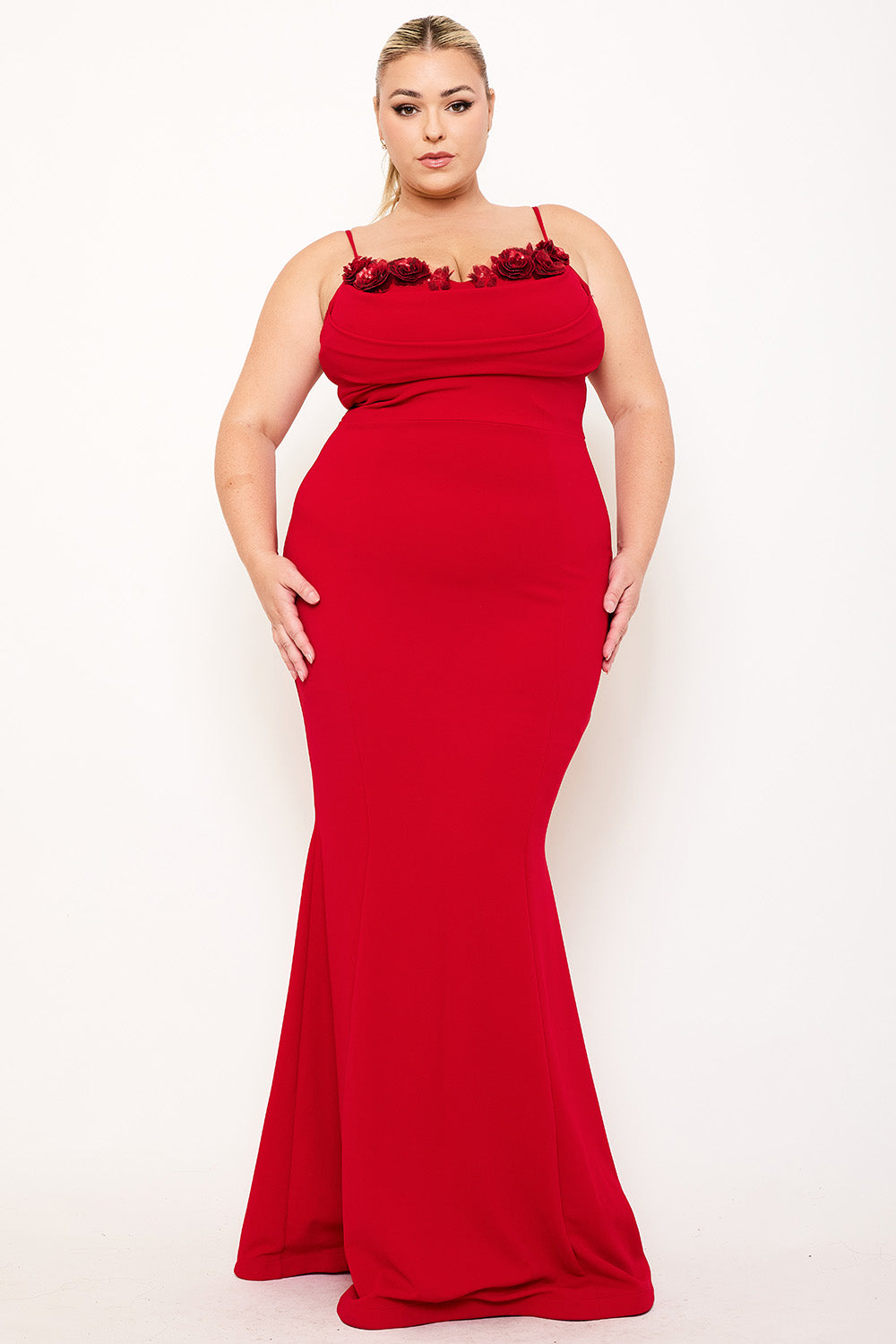 maxi dress for large bust Symphony Dress - Flower Embellished On Bust Plus Size Maxi Dress