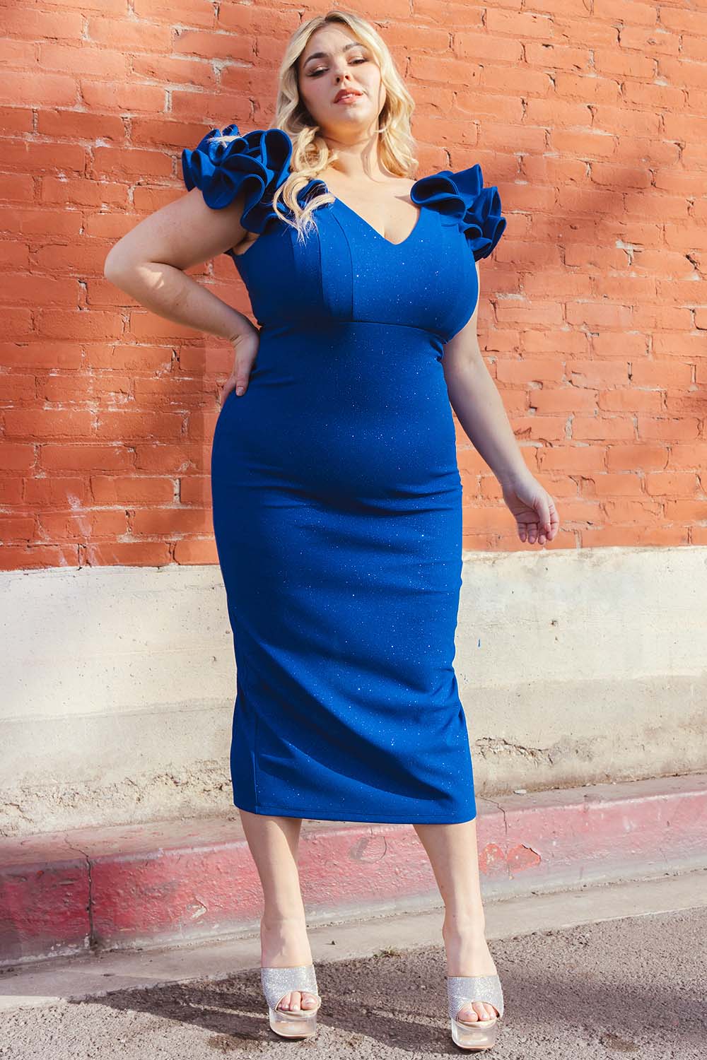 Plus Size Night Out Symphony Dress- Glitter Ruffle Shoulders Night Out Plus Size Midi Dress