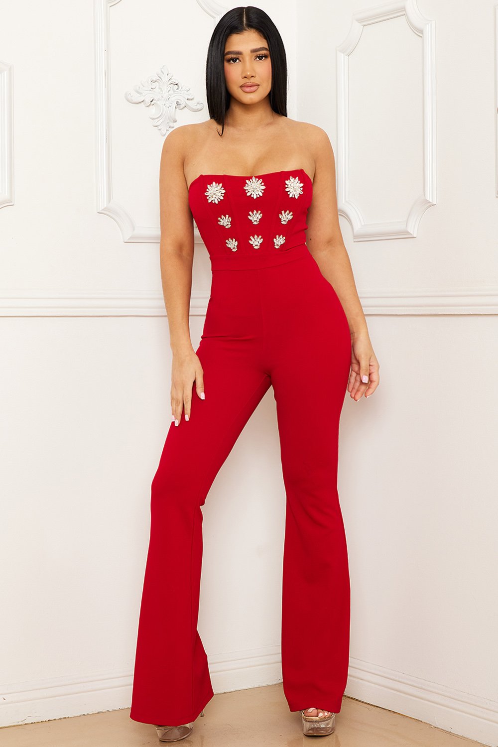 Rhinestone Brooch Attached Jumpsuit