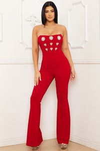 Rhinestone Brooch Attached Jumpsuit