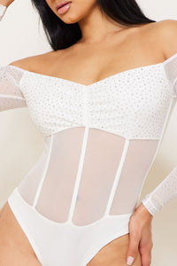 Symphony Bodysuit - Rhinestone Off The Shoulder Bodysuit | Zezebe