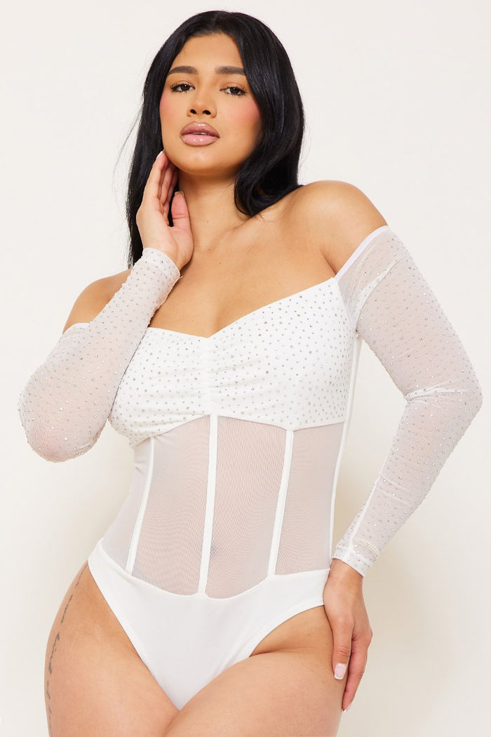 Symphony Bodysuit - Rhinestone Off The Shoulder Bodysuit | Zezebe