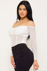 Symphony Bodysuit - Rhinestone Off The Shoulder Bodysuit | Zezebe