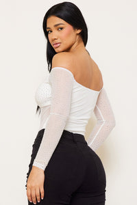 Symphony Bodysuit - Rhinestone Off The Shoulder Bodysuit | Zezebe