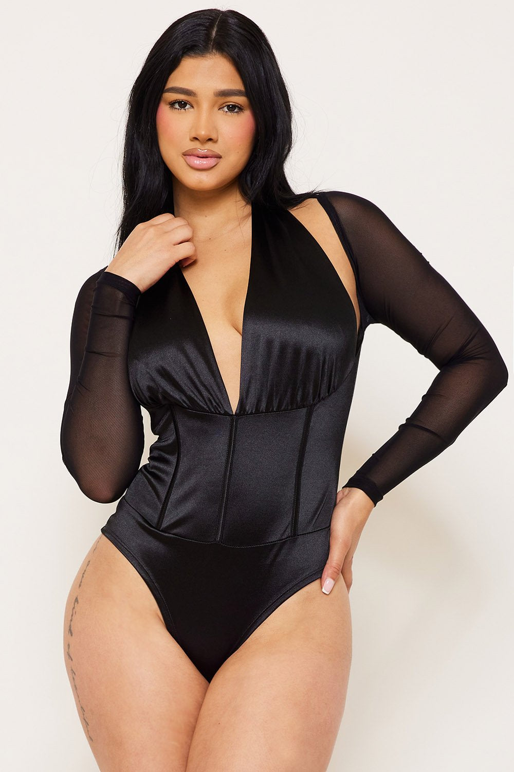 Symphony Bodysuit - Satin And Mesh Panelled Bodysuit | Zezebe