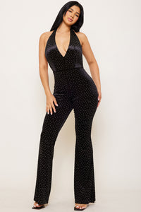 Symphony Jumpsuit - Rhinestone Satin Halter Neck Jumpsuit | Zezebe
