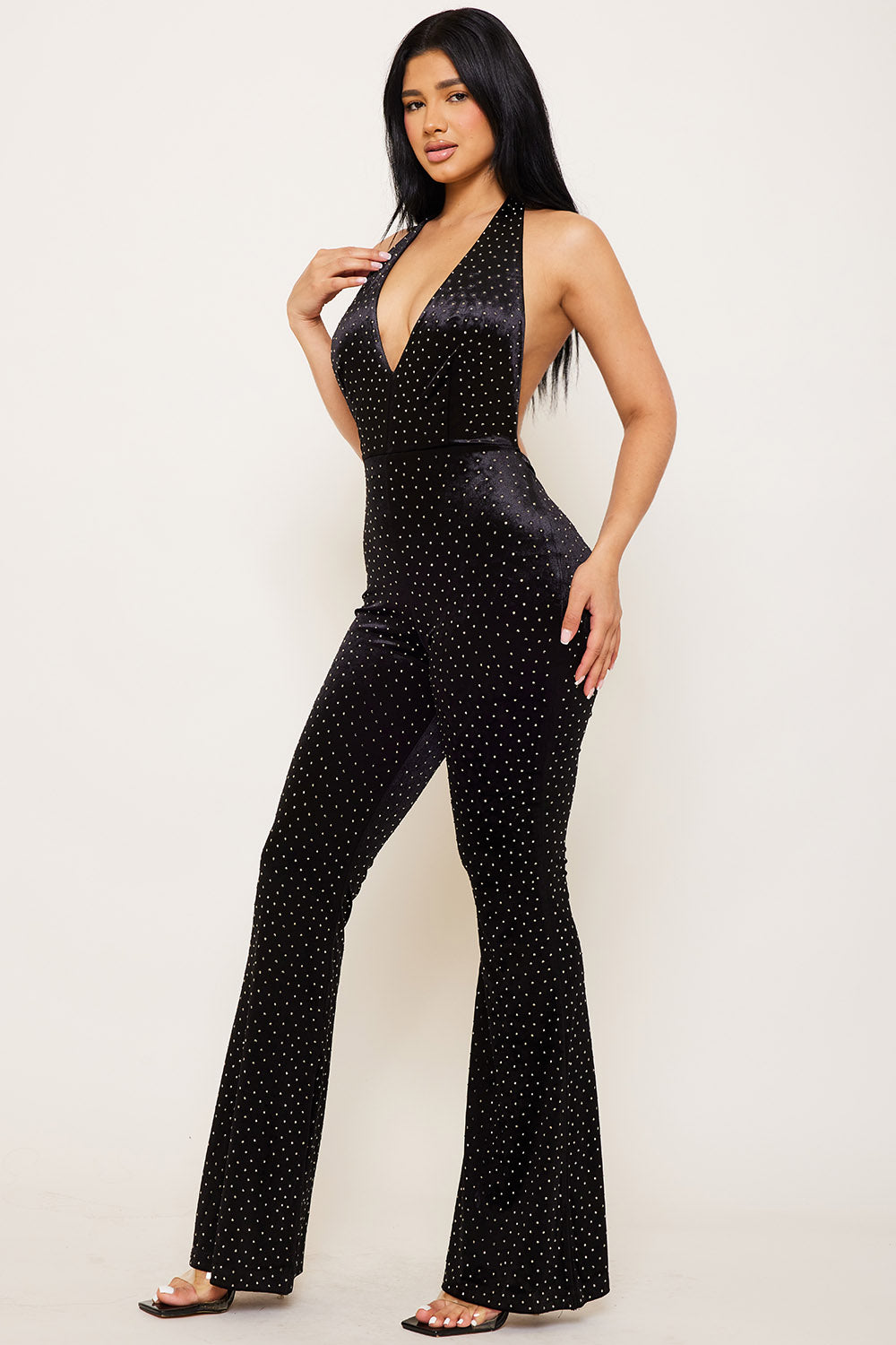 Symphony Jumpsuit - Rhinestone Satin Halter Neck Jumpsuit | Zezebe