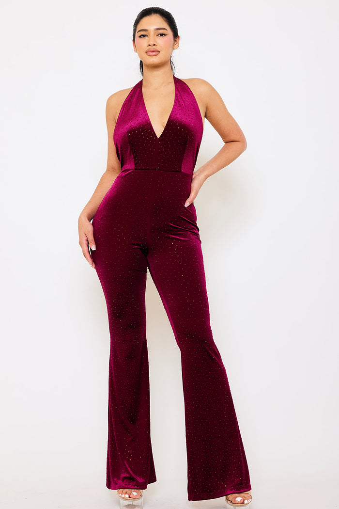 Symphony Jumpsuit - Rhinestone Satin Halter Neck Jumpsuit | Zezebe