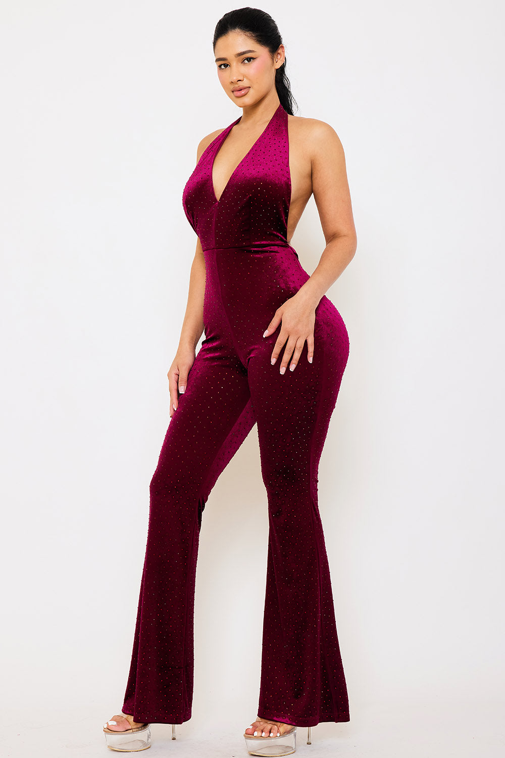 Symphony Jumpsuit - Rhinestone Satin Halter Neck Jumpsuit | Zezebe