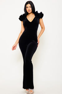 Symphony Jumpsuit - Velvet Ruffle Shoulder Jumpsuit | Zezebe