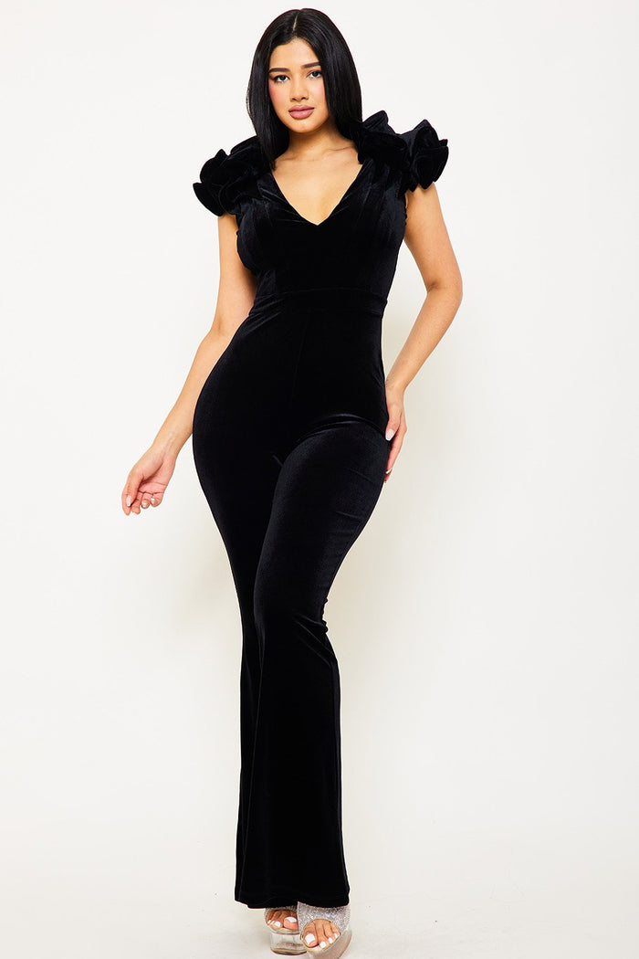 Symphony Jumpsuit - Velvet Ruffle Shoulder Jumpsuit | Zezebe