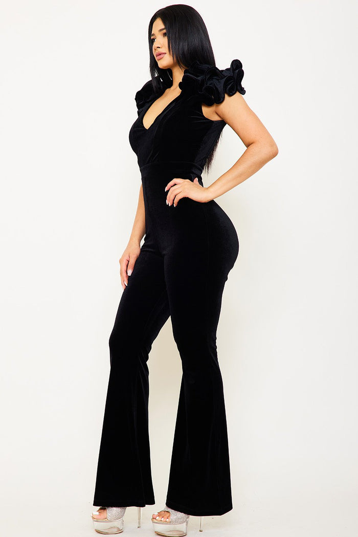 Symphony Jumpsuit - Velvet Ruffle Shoulder Jumpsuit | Zezebe