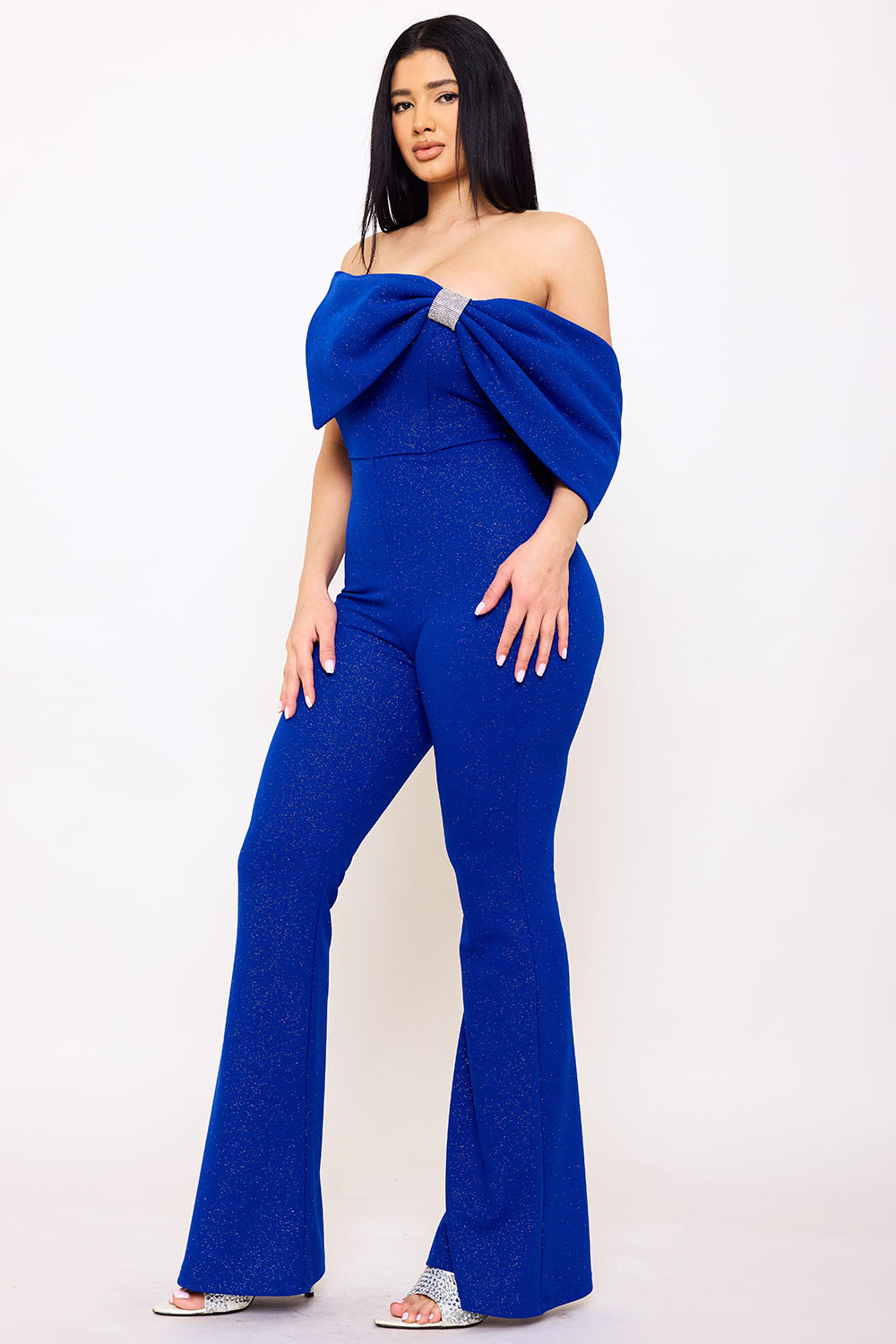 Symphony Jumpsuit - Glitter Techno Crepe Large Bow Front Jumpsuit | Zezebe