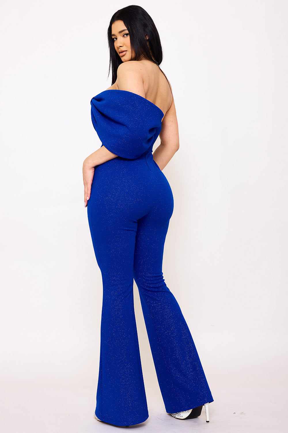 Symphony Jumpsuit - Glitter Techno Crepe Large Bow Front Jumpsuit | Zezebe