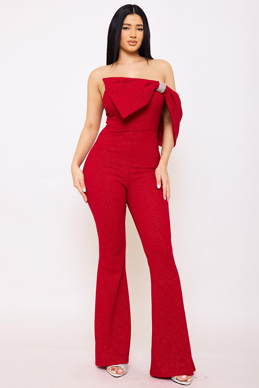 Symphony Jumpsuit - Glitter Techno Crepe Large Bow Front Jumpsuit | Zezebe