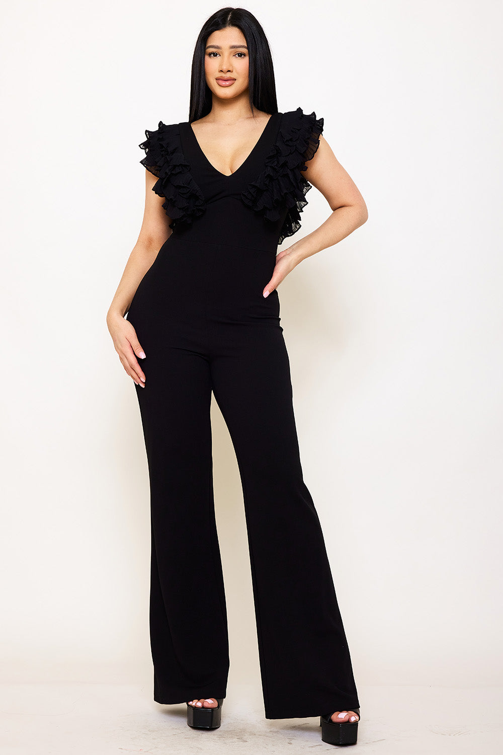 Ruffle Sleeve Techno Crepe Jumpsuit