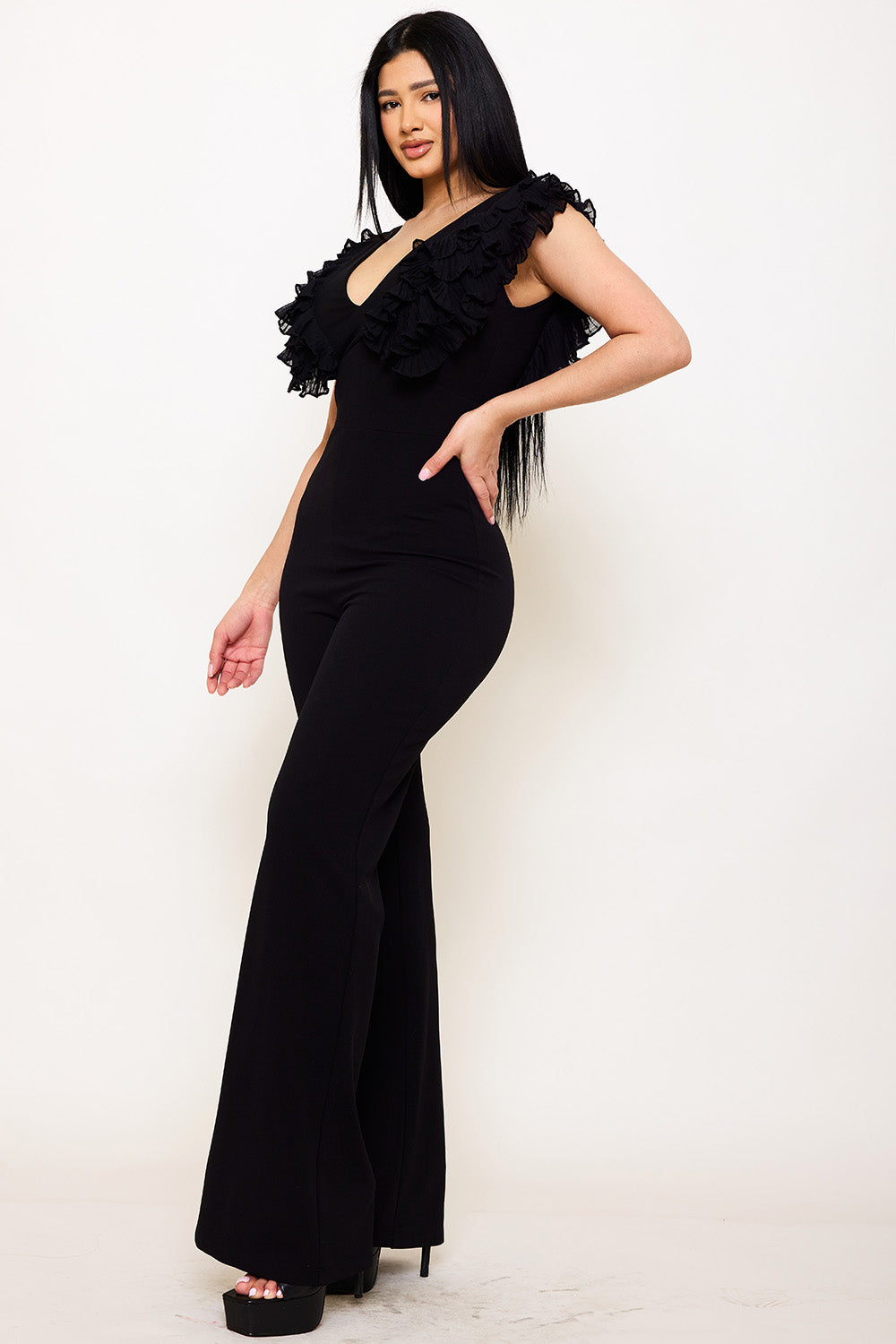 Ruffle Sleeve Techno Crepe Jumpsuit