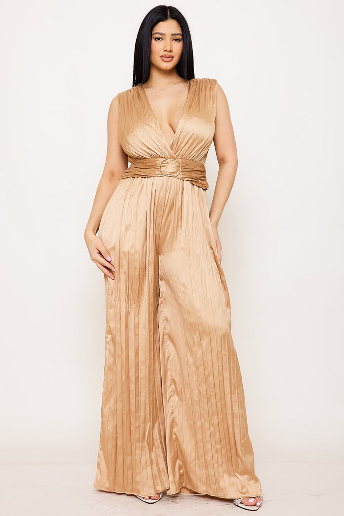 Symphony Jumpsuit - Woven Satin Pleated Jumpsuit | Zezebe