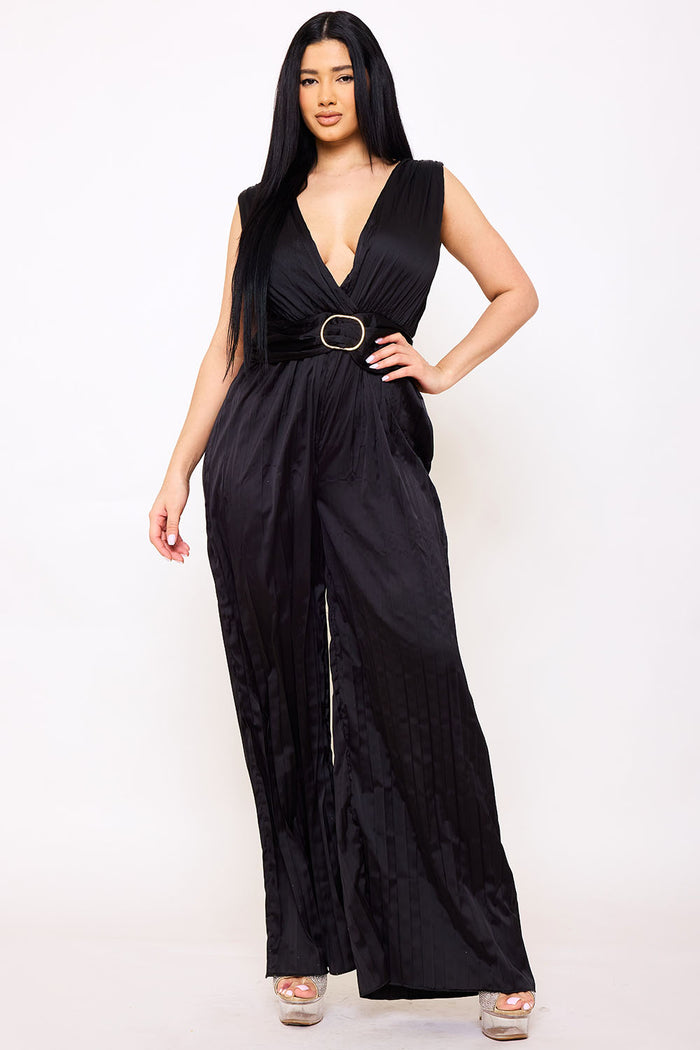 Symphony Jumpsuit - Woven Satin Pleated Jumpsuit | Zezebe