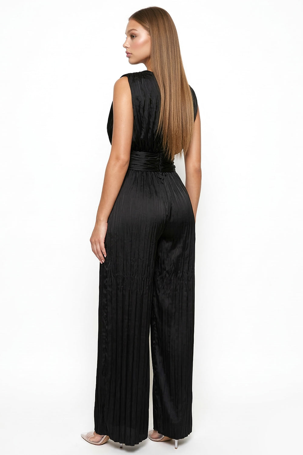 Woven Satin Pleated Jumpsuit