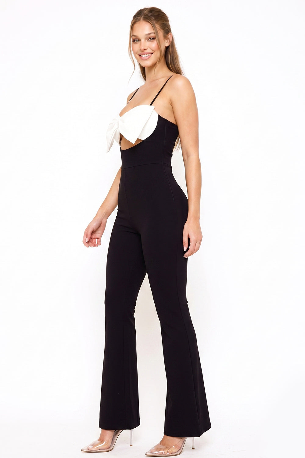 Color Contrast Bow Bust Front Jumpsuit