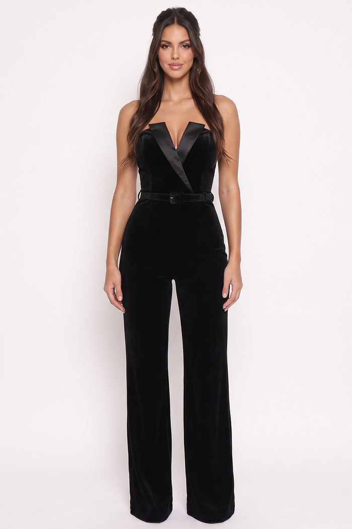 Strapless Velvet Jumpsuit With Belt