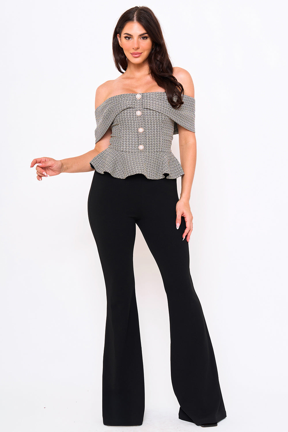 Symphony Jumpsuit - Tweed Off The Shoulder Peplum Top Jumpsuit | Zezebe