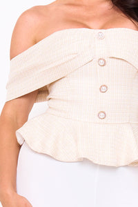 Symphony Jumpsuit - Tweed Off The Shoulder Peplum Top Jumpsuit | Zezebe