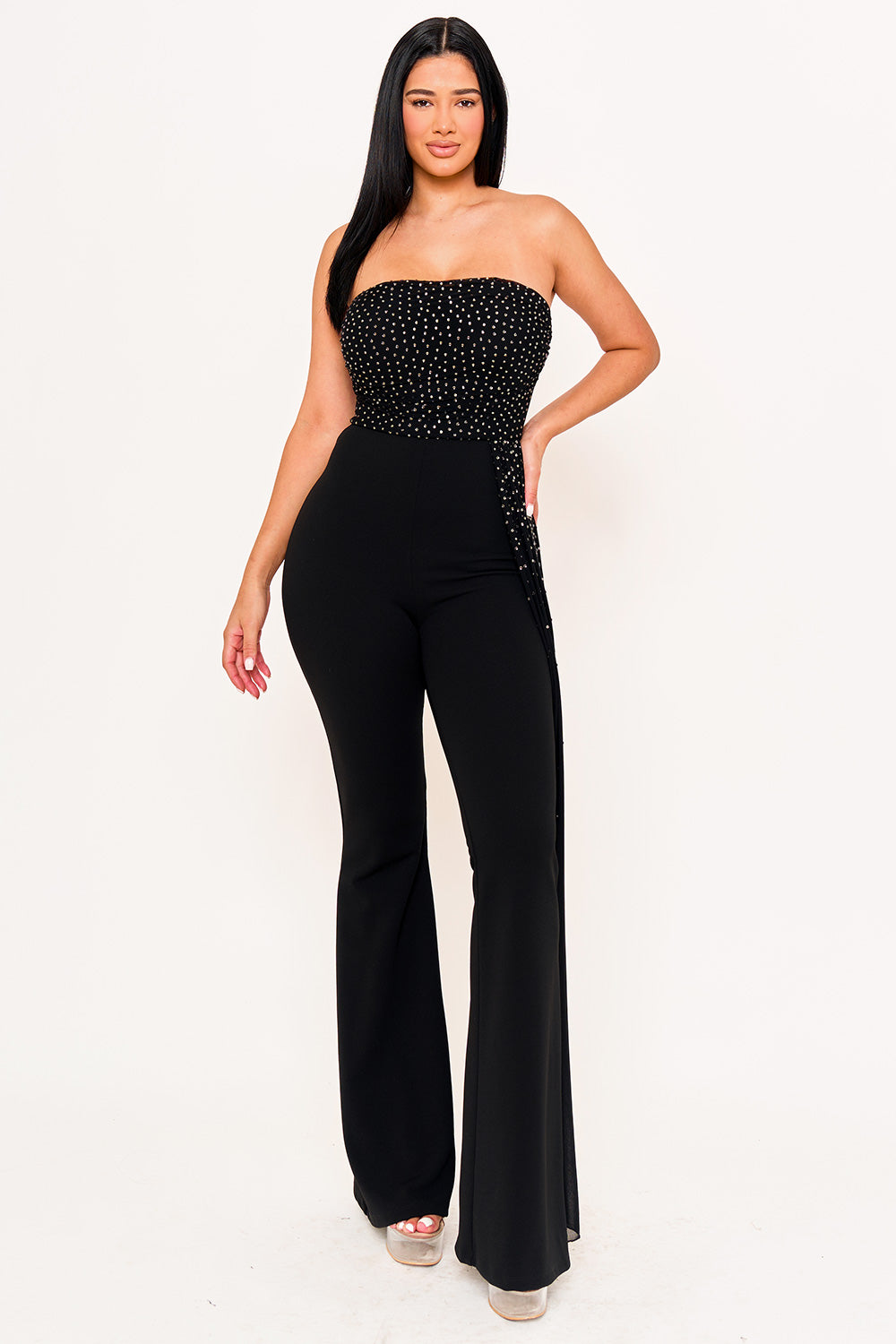 Symphony Jumpsuit - Rhinestone On Mesh Tube Top Jumpsuit | Zezebe