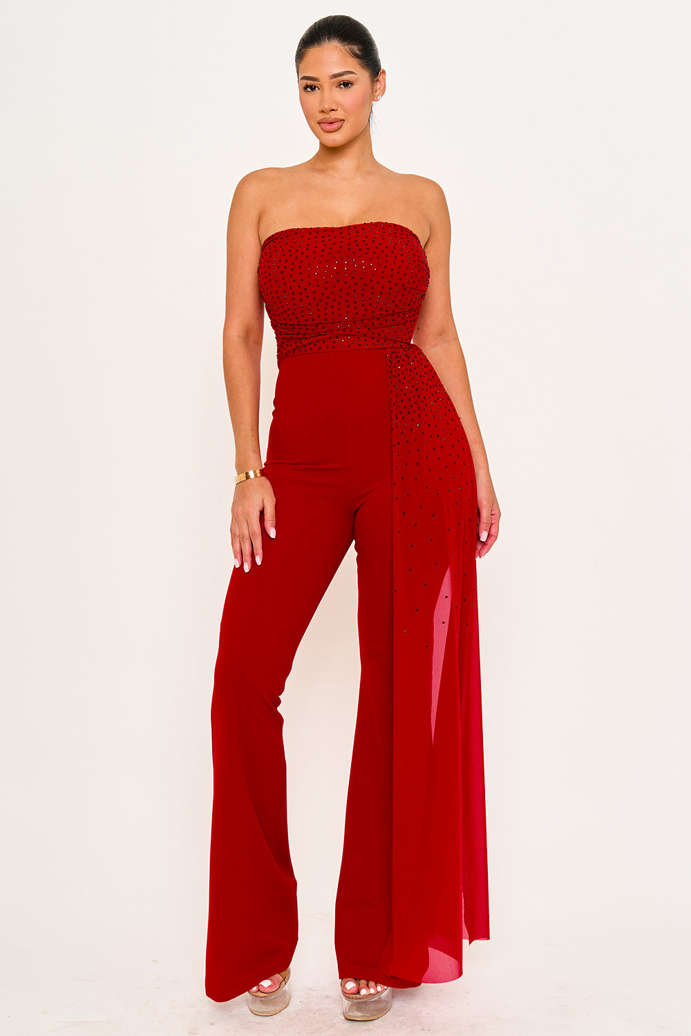 Symphony Jumpsuit - Rhinestone On Mesh Tube Top Jumpsuit | Zezebe