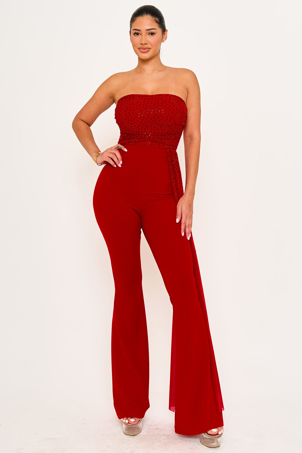 Symphony Jumpsuit - Rhinestone On Mesh Tube Top Jumpsuit | Zezebe