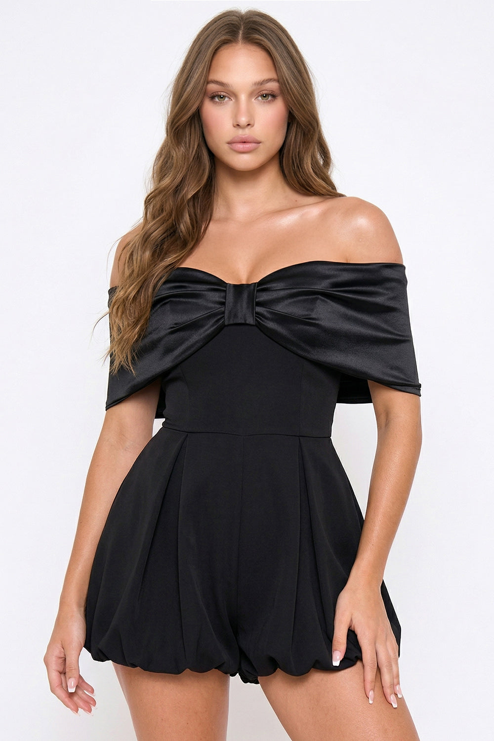 Satin Large Bow Front Off The Shoulder Romper
