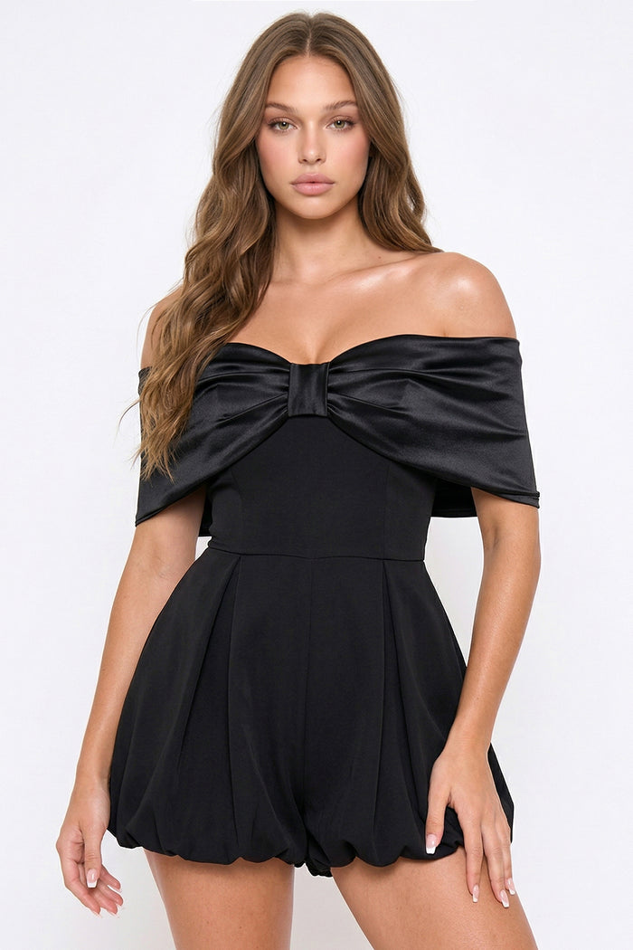 Satin Large Bow Front Off The Shoulder Romper
