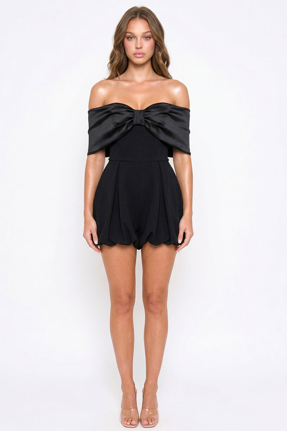 Satin Large Bow Front Off The Shoulder Romper