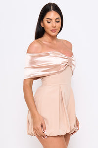 Symphony Dress - Satin Large Bow Front Off The Shoulder Romper | Zezebe