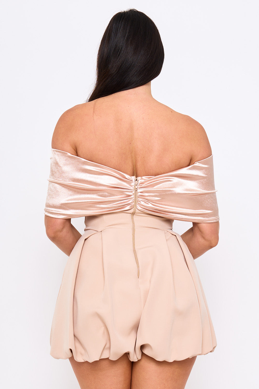 Symphony Dress - Satin Large Bow Front Off The Shoulder Romper | Zezebe