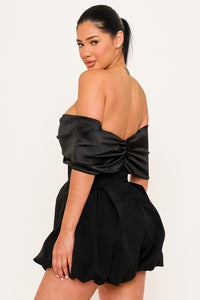 Symphony Dress - Satin Large Bow Front Off The Shoulder Romper | Zezebe