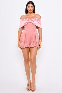 Symphony Dress - Satin Large Bow Front Off The Shoulder Romper | Zezebe