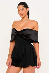 Symphony Dress - Satin Large Bow Front Off The Shoulder Romper | Zezebe