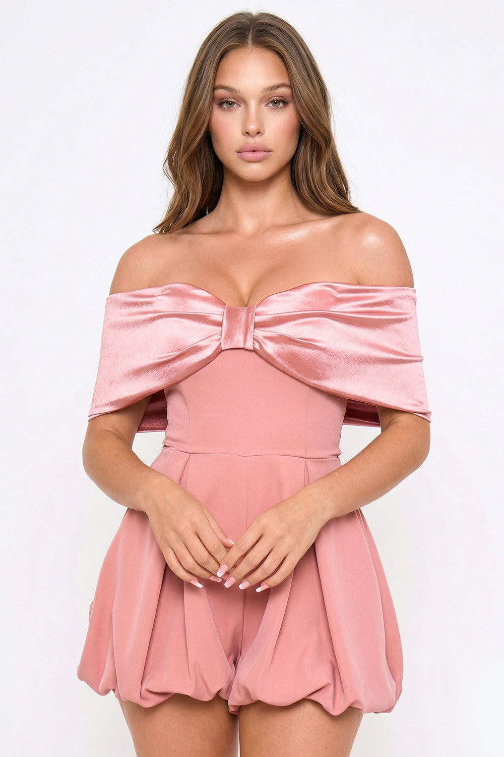 Satin Large Bow Front Off The Shoulder Romper
