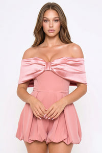 Satin Large Bow Front Off The Shoulder Romper