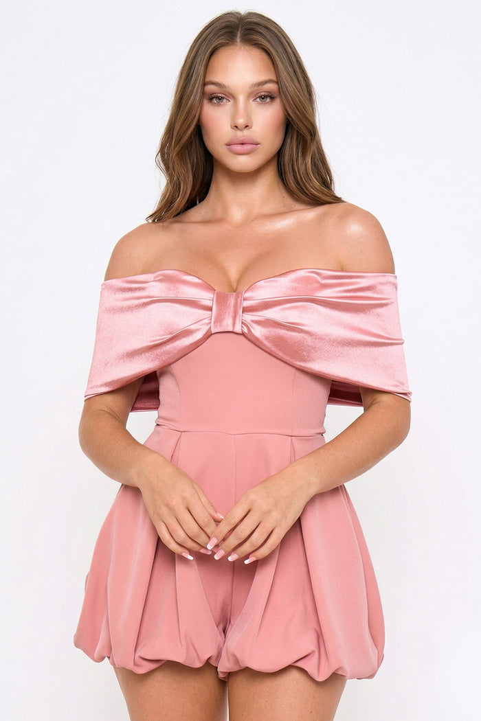 Satin Large Bow Front Off The Shoulder Romper