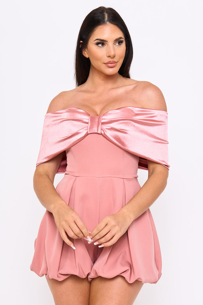 Symphony Dress - Satin Large Bow Front Off The Shoulder Romper | Zezebe