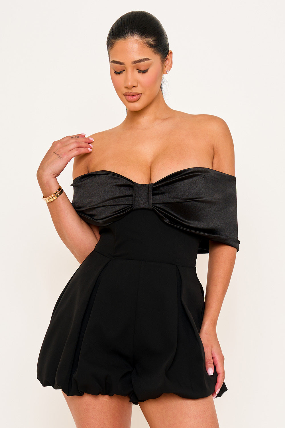 Symphony Dress - Satin Large Bow Front Off The Shoulder Romper | Zezebe
