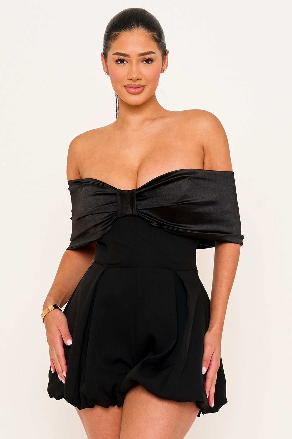 Symphony Dress - Satin Large Bow Front Off The Shoulder Romper | Zezebe